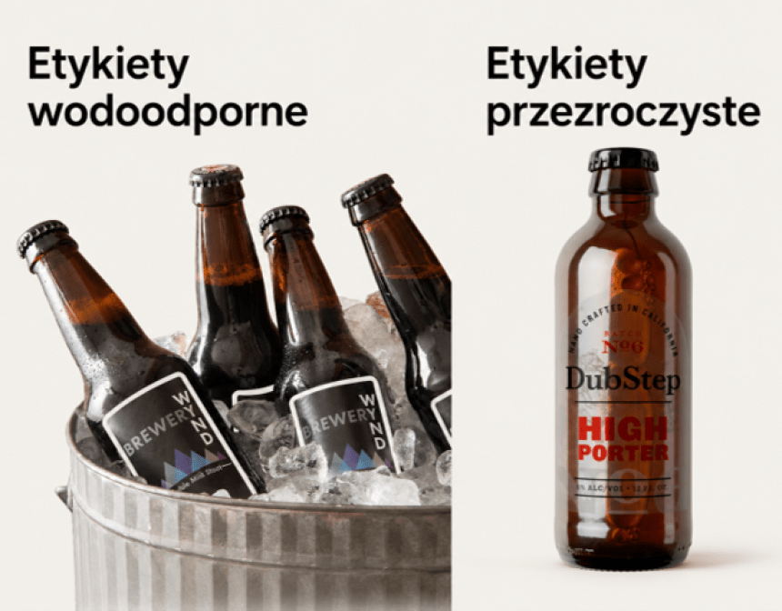 Porównanie etykiet. Po lewej: etykiety wodoodporne na butelkach piwa zanurzonych w lodzie. Po prawej: etykieta przezroczysta na butelce piwa.