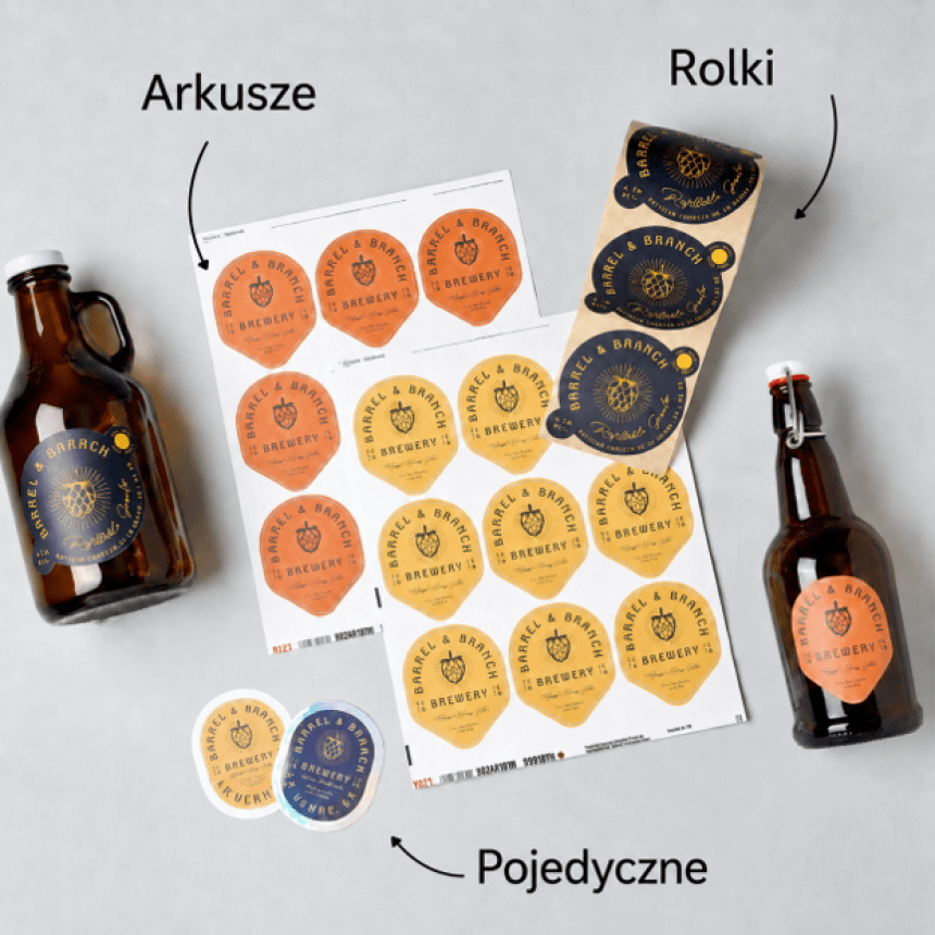 óżne formy dostarczania etykiet: w arkuszach, na rolce i jako pojedyncze naklejki. Na zdjęciu widać butelki piwa z przykładowymi etykietami.
