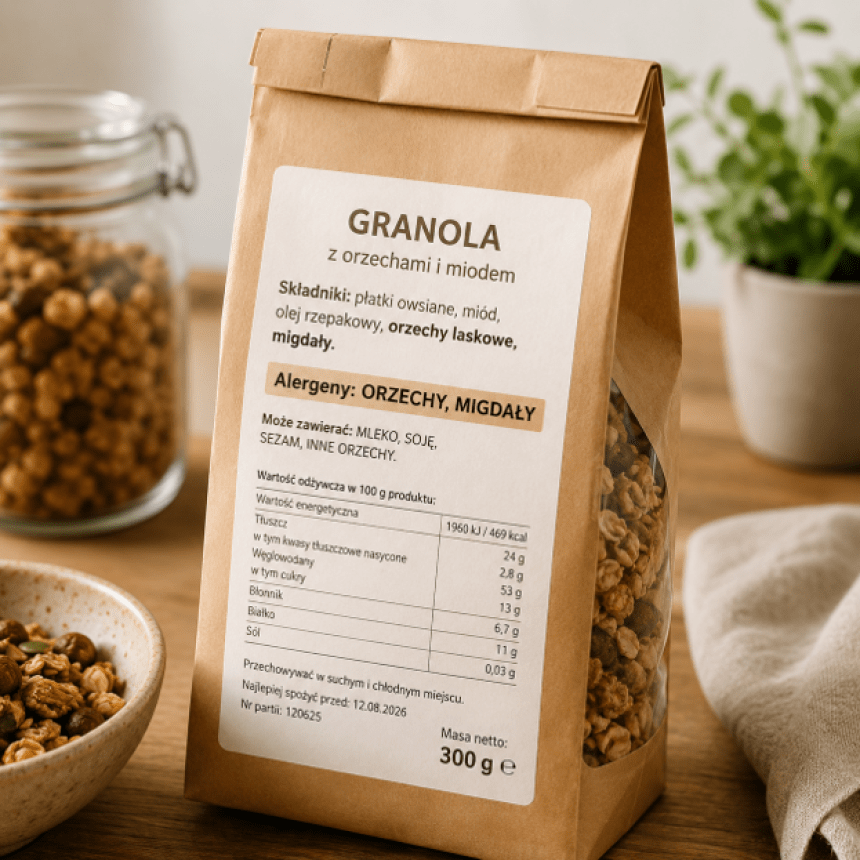 Papierowa torba granoli z orzechami i miodem. Na białej etykiecie znajduje się nazwa produktu, skład, alergeny i wartości odżywcze.