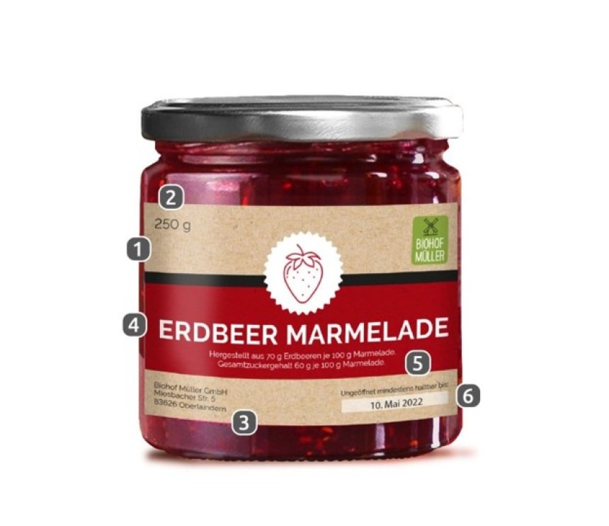 Słoik dżemu truskawkowego z etykietą produktową, na której cyframi zaznaczono kluczowe elementy: nazwę produktu "Erdbeer Marmelade", wagę, dane producenta i datę ważności.