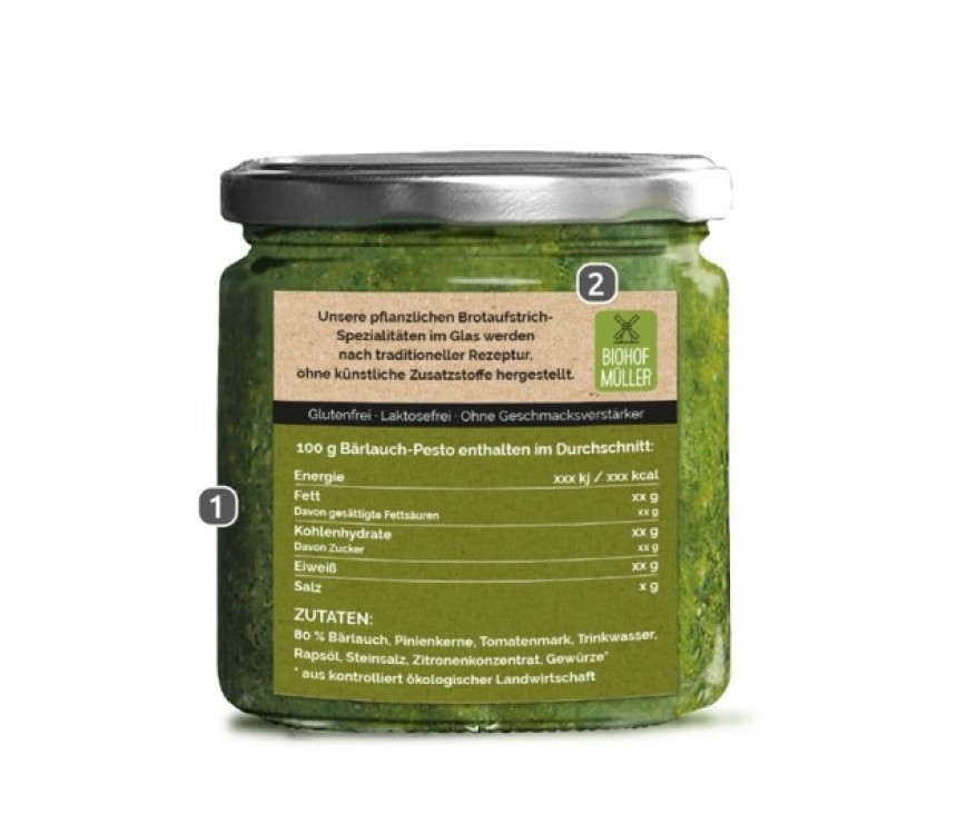 Tylna etykieta słoika z pesto, na której cyframi zaznaczono tabelę wartości odżywczych, listę składników oraz opis produktu.