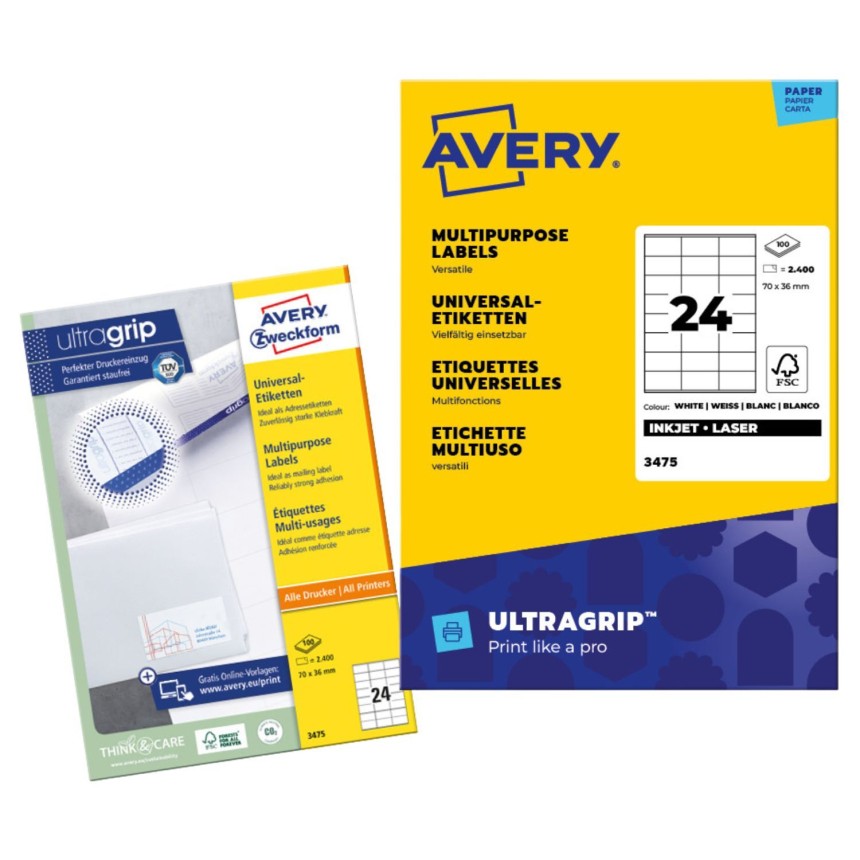 Opakowanie samoprzylepnych etykiet marki Avery Zweckform, model 3475. Na opakowaniu widoczne są informacje o liczbie etykiet (2400), ich wymiarach (70 x 36 mm) oraz przeznaczeniu do drukarek atramentowych i laserowych. W tle widoczny jest przykład zadrukowanej etykiety.