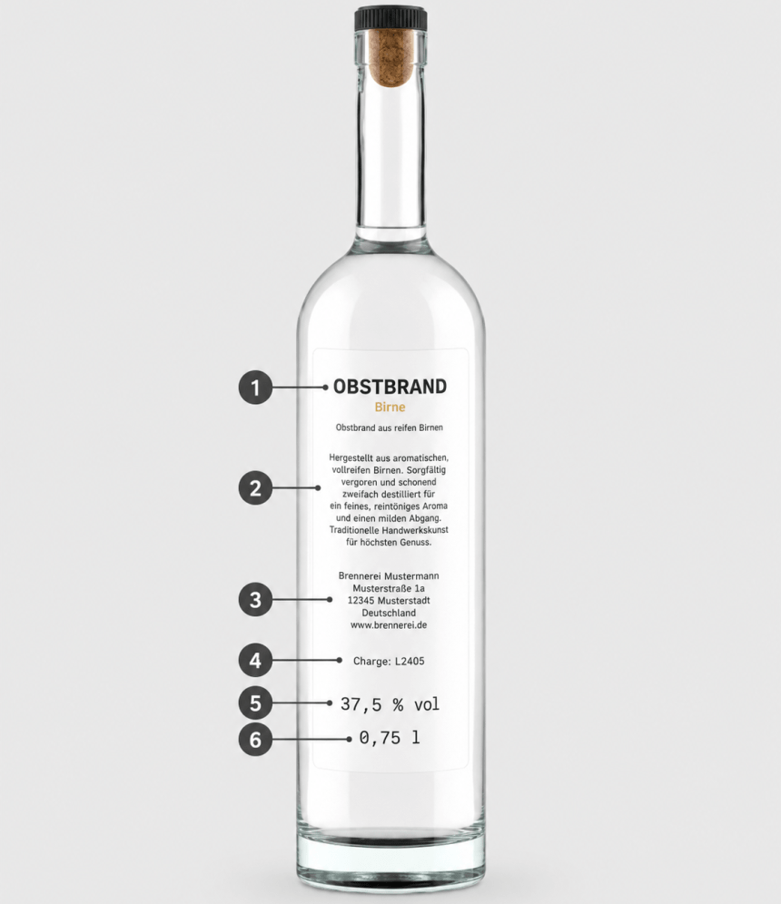 Butelka napoju spirytusowego z tylną etykietą i ponumerowanymi informacjami: nazwa produktu, opis, dane producenta, numer partii, zawartość alkoholu i ilość netto.