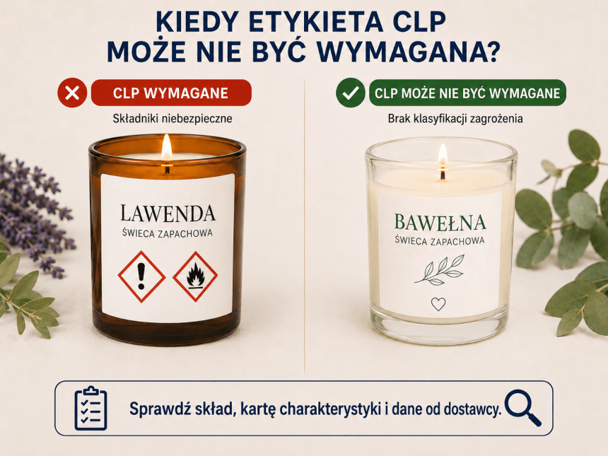 Infografika porównująca sytuacje, w których etykieta CLP na świecy może być wymagana lub może nie być wymagana: po lewej świeca zapachowa „Lawenda” z piktogramami zagrożeń i podpisem „CLP wymagane – składniki niebezpieczne”, po prawej świeca „Bawełna” z podpisem „CLP może nie być wymagane – brak klasyfikacji zagrożenia”. Na dole komunikat: „Sprawdź skład, kartę charakterystyki i dane od dostawcy”.