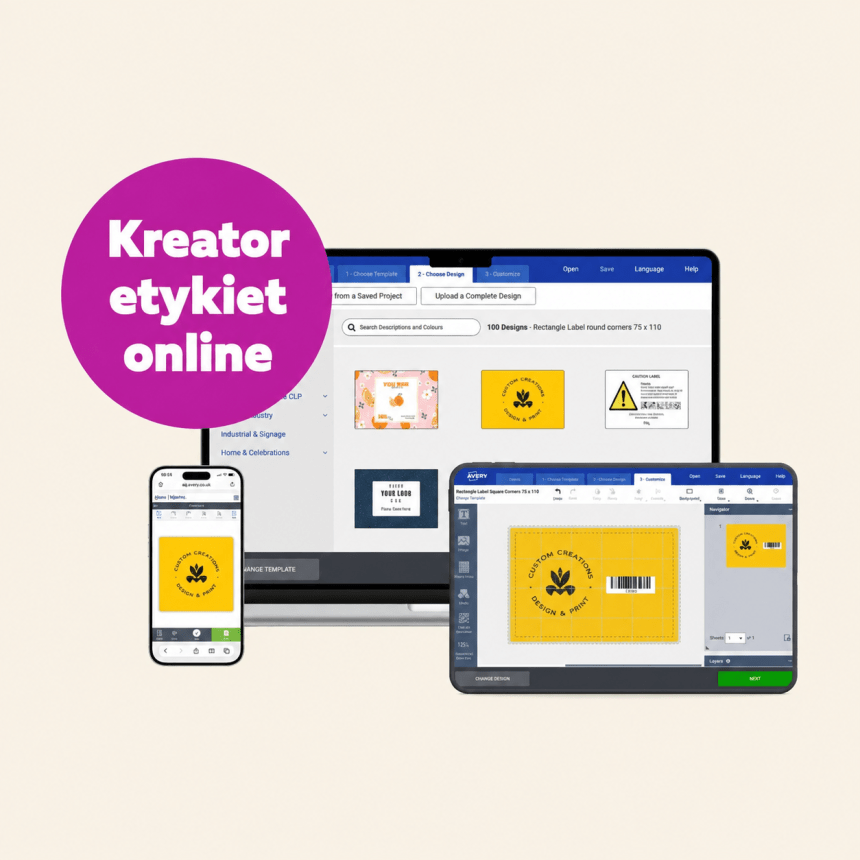 Prezentacja oprogramowania do projektowania etykiet na ekranach laptopa, tabletu i smartfona, z napisem "incl. ONLINE DESIGNER".
