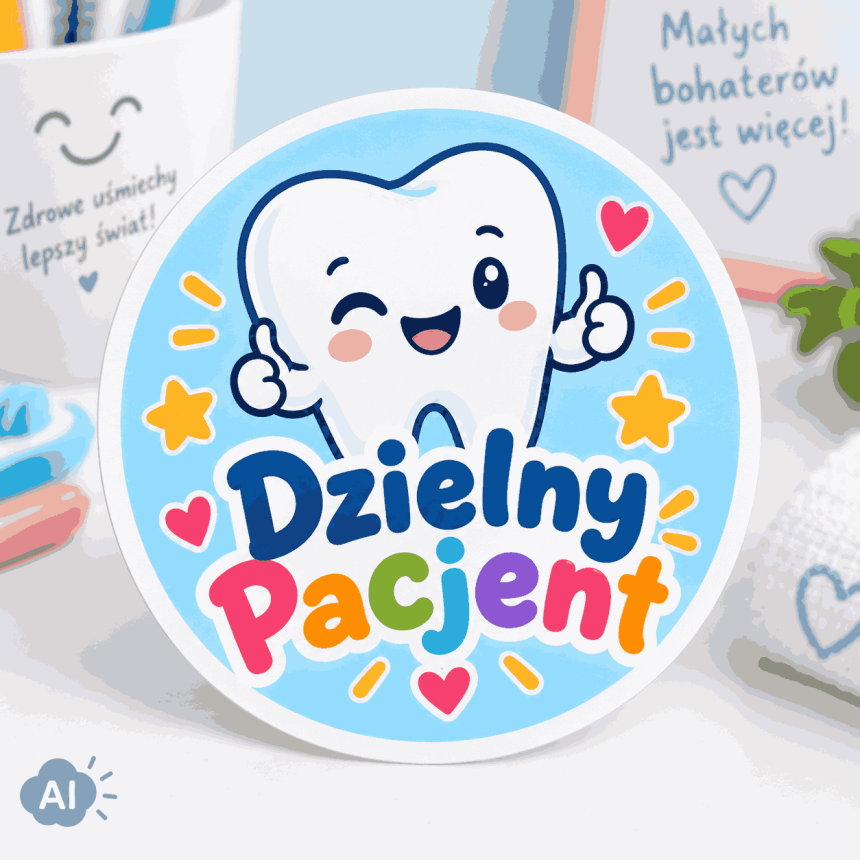 Okrągła naklejka z napisem "Dzielny Pacjent". W centralnej części grafiki znajduje się uśmiechnięta, animowana postać białego zęba, która puszcza jedno oko i pokazuje kciuki do góry. Tło jest błękitne, ozdobione żółtymi gwiazdkami i różowymi serduszkami. Napis "Dzielny Pacjent" jest wielokolorowy i umieszczony pod postacią zęba.