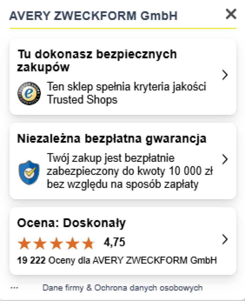 Certyfikat Trusted Shops dla Avery Zweckform z oceną 4.75/5.00, opisany jako "Doskonały", z informacją o Ochronie Kupującego.