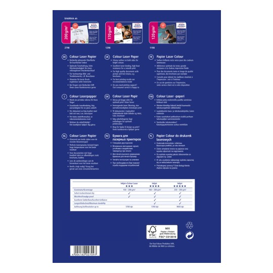Obraz przedstawia tylną okładkę opakowania papieru laserowego kolorowego z opisami w różnych językach dotyczącymi jego cech, specyfikacji oraz zaleceń do użycia przy drukowaniu dokumentów i broszur.