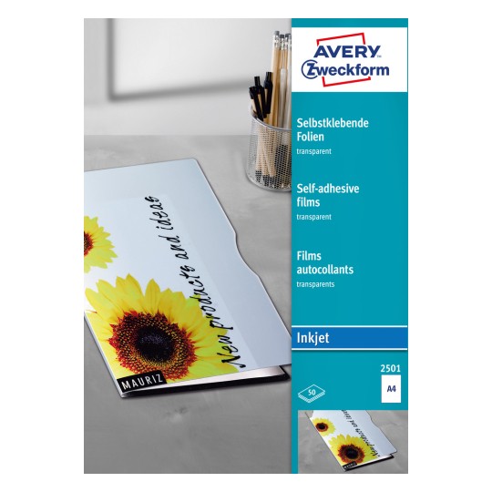 Obrazek opakowania: Avery Zweckform Przezroczyste, samoprzylepne folie, artykuł: 2501, format: 210 x 297 mm, do druku: atramentowego, zawartość: 50 arkuszy.
