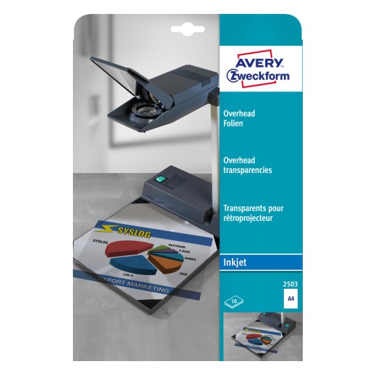 Opakowanie: Avery Zweckform Folia na rzutnik, Artykuł: 2503, Format: 210 x 297 mm, Zastosowanie drukarki: Inkjet, Zawartość: 10 arkuszy, /arkusz?