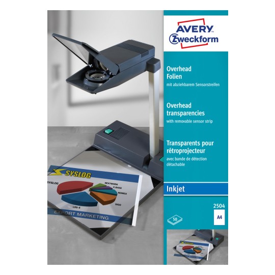 Opakowanie: Avery Zweckform Folia do rzutników, Artykuł: 2504, Format: 210 x 297 mm, Nadaje się do druku: Inkjet, Zawartość: 50 arkuszy / arkusz?