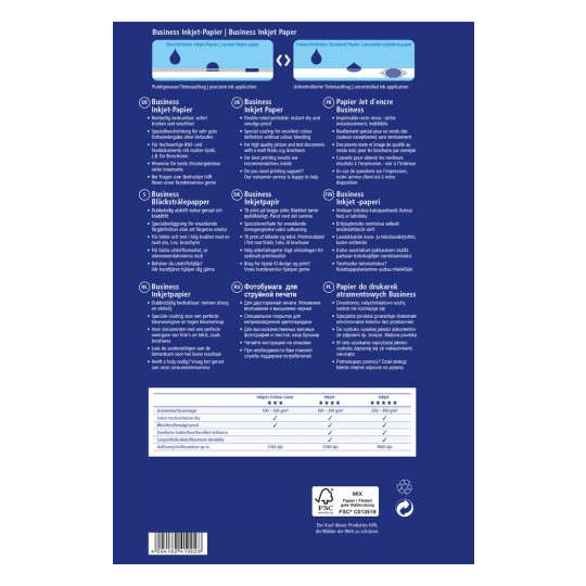 Obraz przedstawia projekt opakowania dla papieru Business Inkjet Paper, opisując jego cechy, zastosowanie i specyfikacje w wielu językach, takich jak niemiecki, angielski, francuski, holenderski, rosyjski i polski. Zawiera cechy takie jak szybkie schnięcie, odporność na rozmazywanie oraz zalecenia dla najlepszych wyników drukowania.