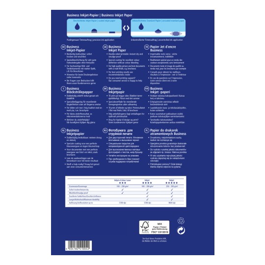 Obraz jest arkuszem informacyjnym produktu dotyczącym papieru do drukarek atramentowych Business Inkjet Paper, zawierającym specyfikacje w różnych językach, w tym niemieckim, angielskim, francuskim, duńskim, fińskim, niderlandzkim, rosyjskim i polskim. Zawiera informacje na temat jakości druku, cech oraz opcji wsparcia klienta, wraz z tabelą porównującą różne rodzaje papieru do drukarek atramentowych.