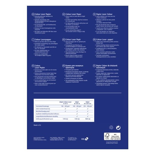 Obraz zawiera informacje o kolorowym papierze laserowym, w tym opisy w różnych językach dotyczące jego właściwości, zastosowań i specyfikacji technicznych. Podkreśla cechy, takie jak błyszcząca powierzchnia, idealna do drukowania w żywych kolorach, oraz zawiera wskazówki dotyczące kompatybilności z drukarkami atramentowymi, specyfikacji i wsparcia klienta.