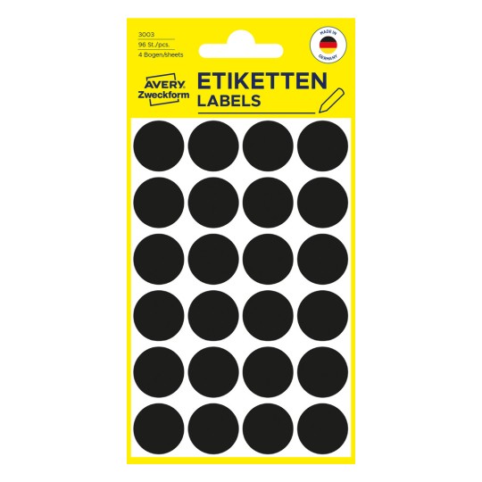 Ilustracja opakowania: Avery Zweckform Kolorowe Punkty do Oznaczania, Artykuł: 3003, Format: ⌀ 18 mm, Zawartość: 96 punktów do oznaczania / 4 arkusze, 24 punkty do oznaczania/arkusz.