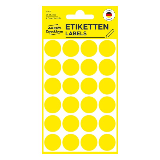 Opakowanie: Avery Zweckform Kolorowe Punkty Do Oznaczania, Artykuł: 3007, Format: ⌀ 18 mm, Zawartość: 96 Punkty Do Oznaczania / 4 Arkusze, 24 Punkty Do Oznaczania/Arkusz