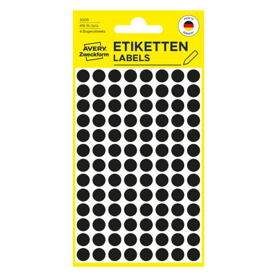Opakowanie: Avery Zweckform Kolorowe Punkty Oznaczeniowe, Artykuł: 3009, Format: ⌀ 8 mm, Zawartość: 416 Punktów Oznaczeniowych / 4 arkusze, 104 Punkty Oznaczeniowe/arkusz.