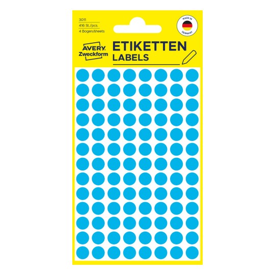 Grafika opakowania: Avery Zweckform Kolorowe kropki, Artykuł: 3011, Format: ⌀ 8 mm, Zawartość: 416 kropek / 4 arkusze, 104 kropki/arkusz.
