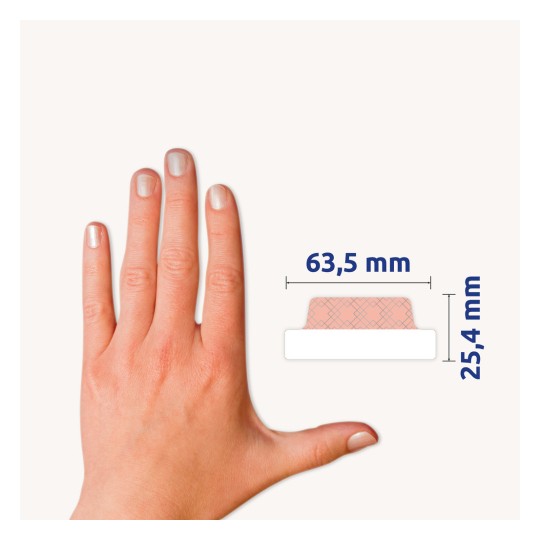 Porównanie wielkości z ręką, Artykuł: 30123, jeden arkusz pasków samoprzylepnych, Format: 63,5 x 25,4 mm, Kolor: Miętowy-złoty, Różowe złoto, Różowe srebro, Fioletowo-miedziany.