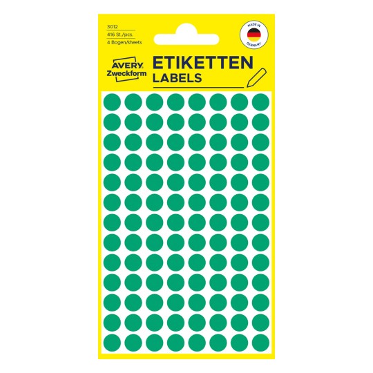Opakowanie: Avery Zweckform Kolorowe kropki oznaczające, Artykuł: 3012, Format: ⌀ 8 mm, Zawartość: 416 kropek oznaczających / 4 arkusze, 104 kropki oznaczające/arkusz.