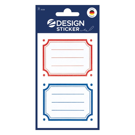 Ilustracja opakowania: Z-Design, artykuł: 3026, etykiety do książek, 52 x 70 mm, małe opakowanie, 6 naklejek / 3 arkusze.