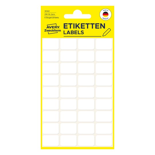 Ilustracja opakowania: Avery Zweckform Uniwersalne Etykiety Non A4 do ręcznego opisywania, artykuł: 3042, format: 18 x 12 mm, zawartość: 216 etykiet / 6 arkuszy, 36 etykiet/arkusz.