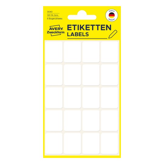 Opakowanie: Avery Zweckform Non A4 Uniwersalne etykiety do ręcznego opisywania, artykuł: 3043, format: 22 x 18 mm, zawartość: 120 etykiet / 6 arkuszy, 20 etykiet/arkusz