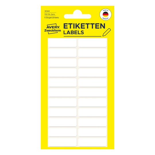 Opakowanie: Avery Zweckform Uniwersalne Etykiety Non A4 do ręcznego opisu, Artykuł: 3044, Format: 32 x 10 mm, Zawartość: 132 etykiety / 6 arkuszy, 22 etykiety/arkusz