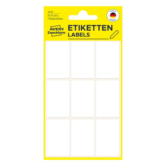 Opakowanie: Avery Zweckform Nie A4 Uniwersalne etykiety do ręcznego oznaczania, artykuł: 3045, format: 38 x 24 mm, zawartość: 63 etykiety / 7 arkuszy, 9 etykiet/arkusz.