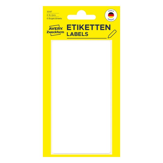 Ilustracja opakowania: Avery Zweckform Non A4 Uniwersalne etykiety do ręcznego opisywania, Artykuł: 3047, Format: 98 x 51 mm, Zawartość: 6 etykiet / 6 arkuszy, 1 etykieta/arkusz?