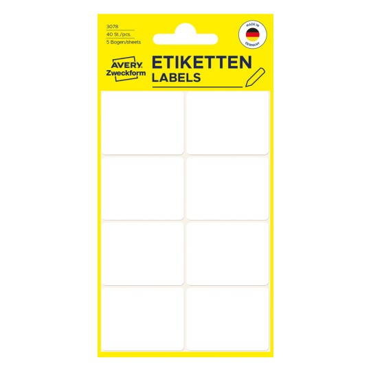 Opakowanie: Avery Zweckform Non A4 Uniwersalne-Etikiety do ręcznego wypisywania, artykuł: 3078, format: 38 x 29 mm, zawartość: 40 etykiet / 5 arkuszy, 8 etykiet/arkusz.
