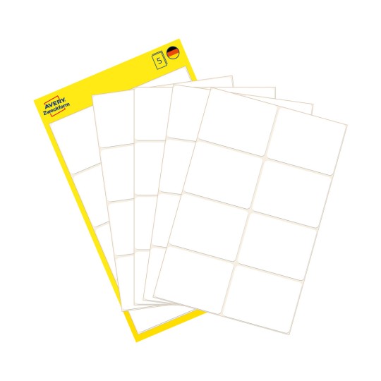 Opakowanie z arkuszami etykiet: Avery Zweckform Etykiety uniwersalne, artykuł: 3078, format: 38 x 29 mm, zawartość: 40 etykiet / 5 arkuszy, 8 etykiet/arkusz.