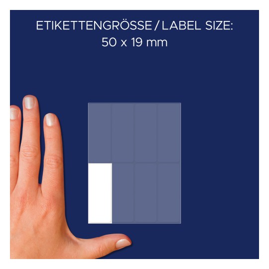 Porównanie wielkości z dłonią, artykuł: 3079, jeden arkusz etykiet uniwersalnych, format: 50 x 19 mm, kolor: biały.