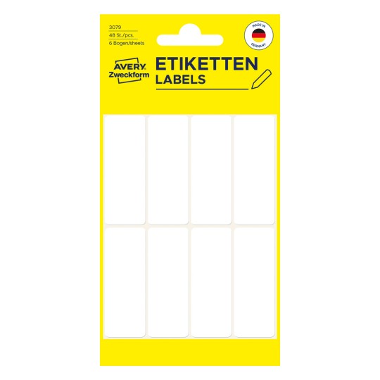 Opakowanie: Avery Zweckform uniwersalne etykiety do opisywania ręcznego, artykuł: 3079, format: 50 x 19 mm, zawartość: 48 etykiet / 6 arkuszy, 8 etykiet/arkusz.