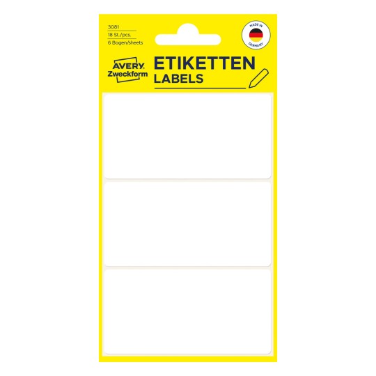 Opakowanie: Avery Zweckform uniwersalne etykiety do ręcznego podpisywania, artykuł: 3081, format: 76 x 39 mm, zawartość: 18 etykiet / 6 arkuszy, 3 etykiety/arkusz.