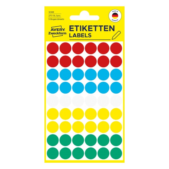 Opakowanie: Avery Zweckform Kolorowe Punkty Oznaczeniowe, Artykuł: 3088, Format: ⌀ 12 mm, Zawartość: 270 Punktów Oznaczeniowych / 5 Arkuszy, 54 Punkty Oznaczeniowe/Arkusz
