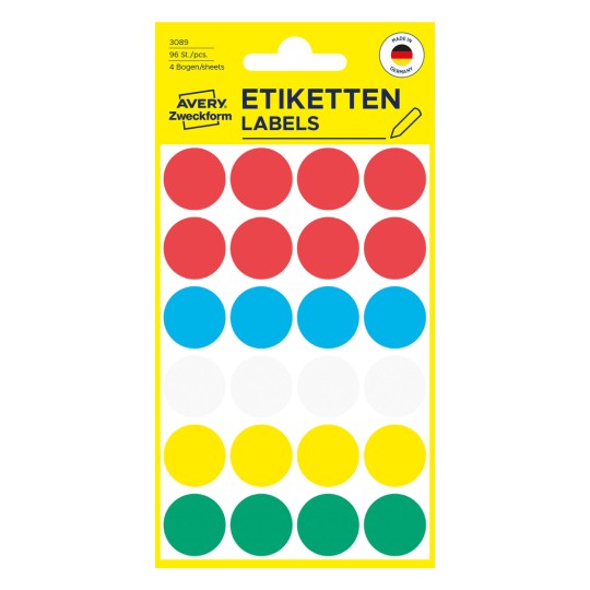 Opakowanie: Avery Zweckform Kolorowe Punkty Markerujące, Artykuł: 3089, Format: ⌀ 18 mm, Zawartość: 96 Punktów Markerujących / 4 Arkusze, 24 Punkty Markerujące/Arkusz