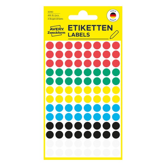 Opakowanie: Avery Zweckform Kolorowe Punkty Oznaczeniowe, Artykuł: 3090, Format: ⌀ 8 mm, Zawartość: 416 punktów oznaczeniowych / 4 arkusze, 104 punkty oznaczeniowe/arkusz.
