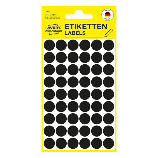 Opakowanie: Avery Zweckform, Kolorowe punkty oznaczeń, Artykuł: 3140, Format: ⌀ 12 mm, Zawartość: 270 punktów oznaczeń / 5 arkuszy, 54 punktów oznaczeń/arkusz.