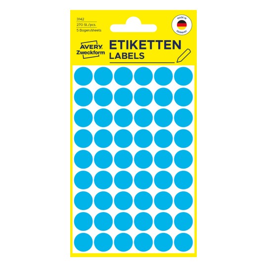 Obrazek opakowania: Avery Zweckform Kolorowe punkty oznaczające, Artykuł: 3142, Format: ⌀ 12 mm, Zawartość: 270 punktów oznaczających / 5 arkuszy, 54 punkty oznaczające/arkusz?