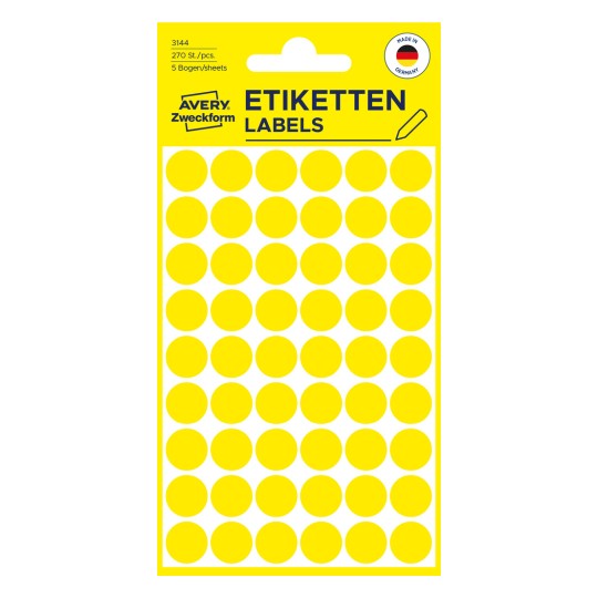 Ilustracja opakowania: Avery Zweckform Kolorowe Punkty Oznaczeniowe, Artykuł: 3144, Format: ⌀ 12 mm, Zawartość: 270 Punktów Oznaczeniowych / 5 arkuszy, 54 Punkty Oznaczeniowe/arkusz.