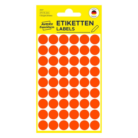 Opakowanie: Avery Zweckform Kolorowe punkty oznaczeniowe, Artykuł: 3147, Format: ⌀ 12 mm, Zawartość: 270 punktów oznaczeniowych / 5 arkuszy, 54 punkty oznaczeniowe/arkusz.