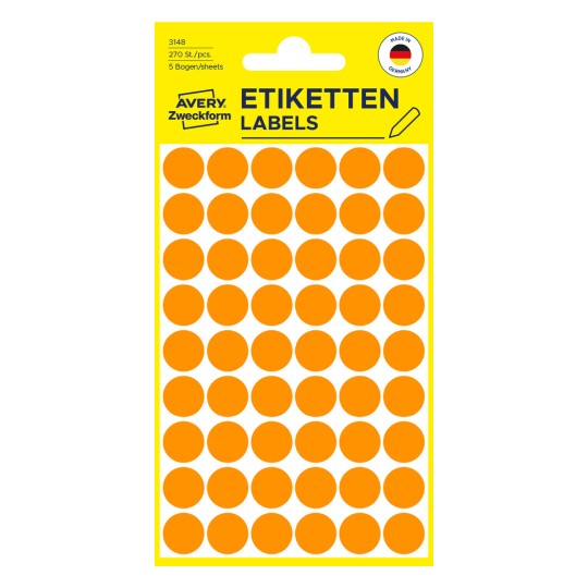 Obraz opakowania: Avery Zweckform kolorowe punkty do znakowania, Artykuł: 3148, Format: ⌀ 12 mm, Zawartość: 270 punktów do znakowania / 5 arkuszy, 54 punkty do znakowania/arkusz?