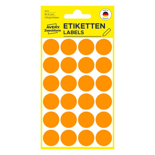Opakowanie: Avery Zweckform kolorowe punkty oznaczeniowe, artykuł: 3173, format: ⌀ 18 mm, zawartość: 96 punktów oznaczeniowych / 4 arkusze, 24 punkty oznaczeniowe/arkusz.