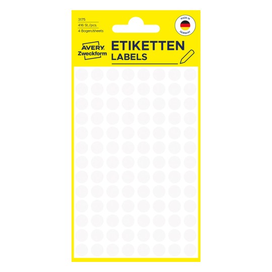 Opakowanie: Avery Zweckform Kolorowe punkty oznaczeniowe, Artykuł: 3175, Format: ⌀ 8 mm, Zawartość: 416 punktów oznaczeniowych / 4 arkusze, 104 punkty oznaczeniowe/arkusz?