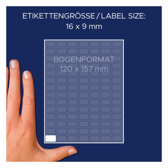 Porównanie wielkości z ręką, Artykuł: 3311, jeden arkusz etykiet uniwersalnych, Format: 16 x 9 mm, Kolor: Biały?