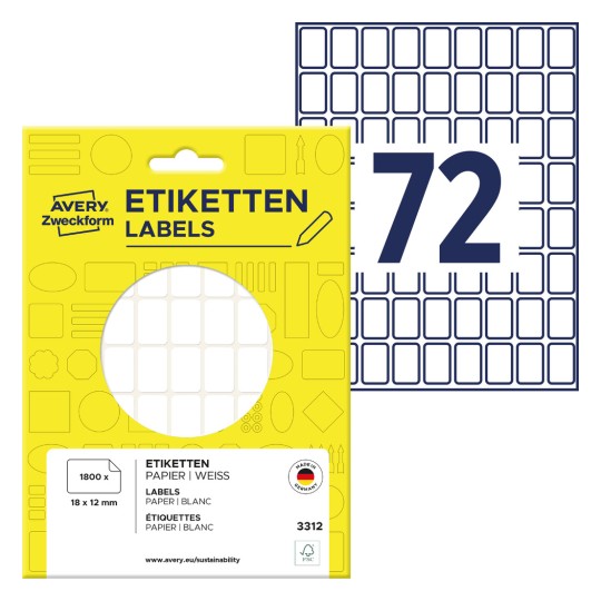 Opakowanie z arkuszem etykiet: Avery Zweckform etykiety uniwersalne, artykuł: 3312, format: 18 x 12 mm, zawartość: 1.800 etykiet / 25 arkuszy, 72 etykiety/arkusz.