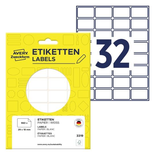 Opakowanie z arkuszem etykiet: Avery Zweckform etykiety uniwersalne, artykuł: 3319, format: 29 x 18 mm, zawartość: 960 etykiet / 30 arkuszy, 32 etykiety/arkusz.