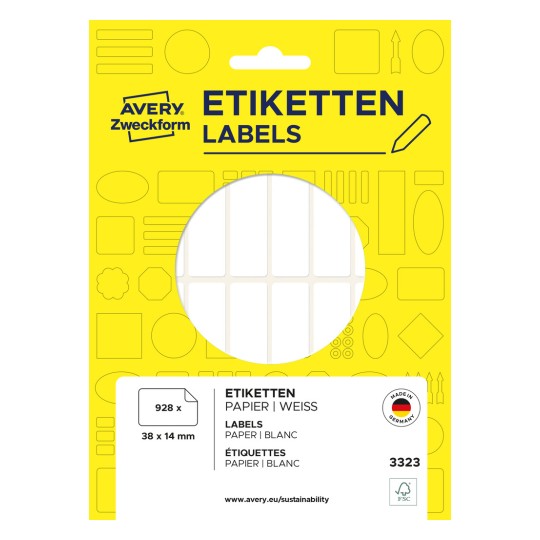 Opakowanie: Avery Zweckform Uniwersalne etykiety non A4 do ręcznego opisu, artykuł: 3323, format: 38 x 14 mm, zawartość: 928 etykiet / 29 arkuszy, 32 etykiety/arkusz.