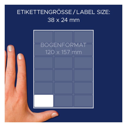 Porównanie wielkości z ręką, Artykuł: 3325, jeden arkusz etykiet uniwersalnych, Format: 38 x 24 mm, Kolor: Biały?